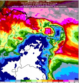 Figura 1: Previsão do modelo numérico Cosmo 7 km, chuva acumulada, em milímetros (mm), para o período de 7 dias (17/04/2024 às 00 UTC até 24/04/2024 às 06 UTC).