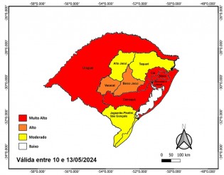 Figura 1: Probabilidade de ocorrência de eventos hidrológicos em, ao menos, um município das bacias hidrográficas indicadas. Este mapa foi elaborado por uma equipe multidisciplinar, levando em consideração os cenários de riscos hidrológicos atuais somados à previsão de chuva.