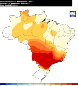 Figura 1: Anomalia diária da temperatura máxima (°C) no dia 26/09/2024