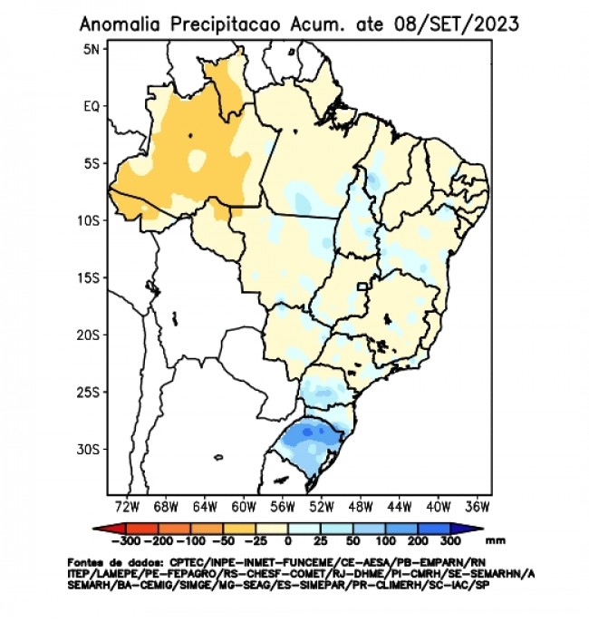 Anomalia de precipitação de setembro no Brasil, até o dia 8. Os tons de azul indicam anomalias positivas, quando a chuva supera a média (Fonte: Cptec-INPE)