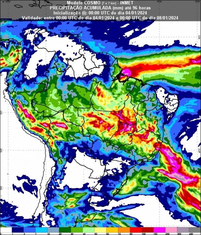 Figura 2: Mapa de chuva acumulada para 4 dias – até as 21h (horário de Brasília) do dia 07/01.