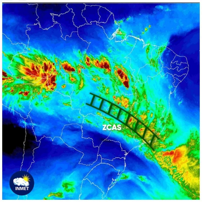 Figura 1: Imagem de satélite da manhã desta quinta-feira (4) e Zona de Convergência do Atlântico Sul (ZCAS) – símbolo em verde.