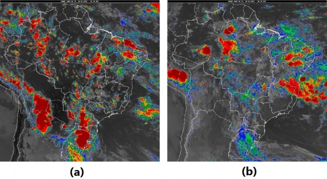 Figura 2: Imagem de satélite dos dias: (a) 18/12/2023 às 21:40UTC (18h40min no horário de Brasília) e (b) 20/12/2023 08:30UTC (5h30 do horário de Brasília).