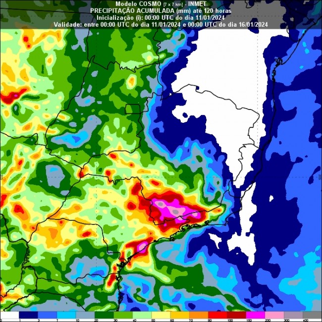 Figura 2: Mapa de chuva acumulada para 5 dias – até as 21h (horário de Brasília) do dia 15/01.