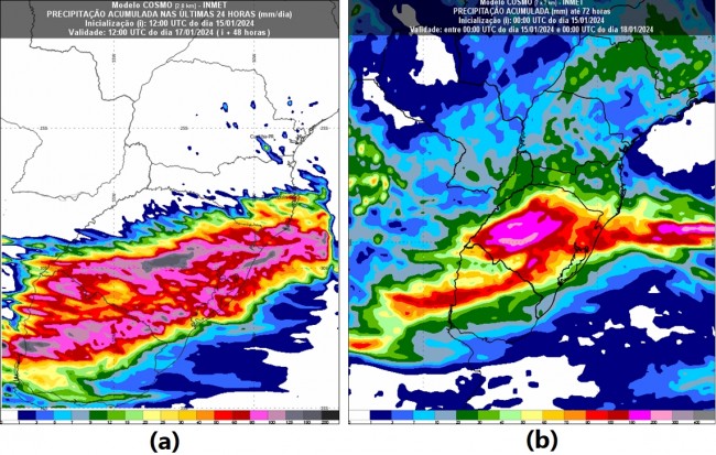 Figura 1: (a) Precipitação (chuva) acumulada em 48h, até as 9h (hora de Brasília) de quarta-feira (17) pelo modelo Cosmo 2,8 km e (b) Precipitação (chuva) acumulada em até 72h, até as 9h (hora de Brasília) de quinta-feira (18) pelo modelo Cosmo 7 km.