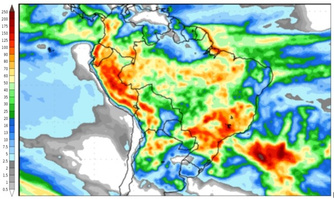 Figura 2: Previsão de chuva para 2ª semana (30/01/2024 e 07/02/2024). Fonte: GFS.