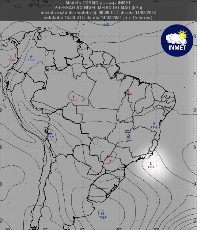 Figura 1: Mapa de pressão atmosférica com destaque para a área de atuação do ciclone.