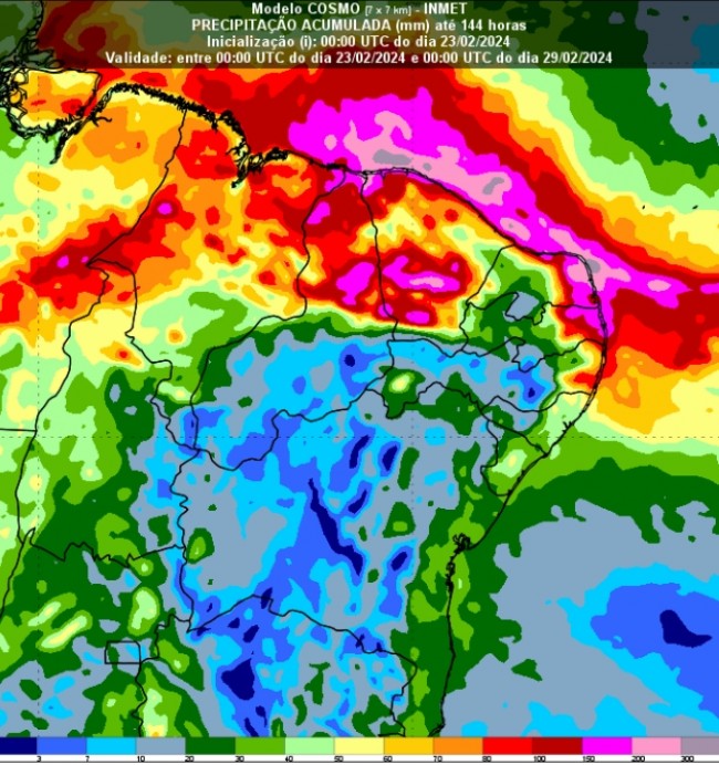 Figura 1: Previsão do modelo numérico Cosmo 7 km, chuva acumulada para o período de 7 dias (23/05/2023, às 00 UTC, até 28/02/2024, às 00 UTC).