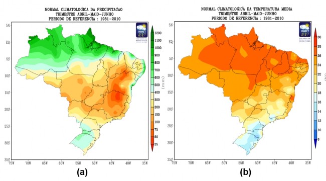Figura 1: Climatologia de (a) precipitação - chuva e (b) temperatura média do ar para o trimestre abril, maio e junho. Período de referência: 1981 – 2010. Fonte: Inmet.