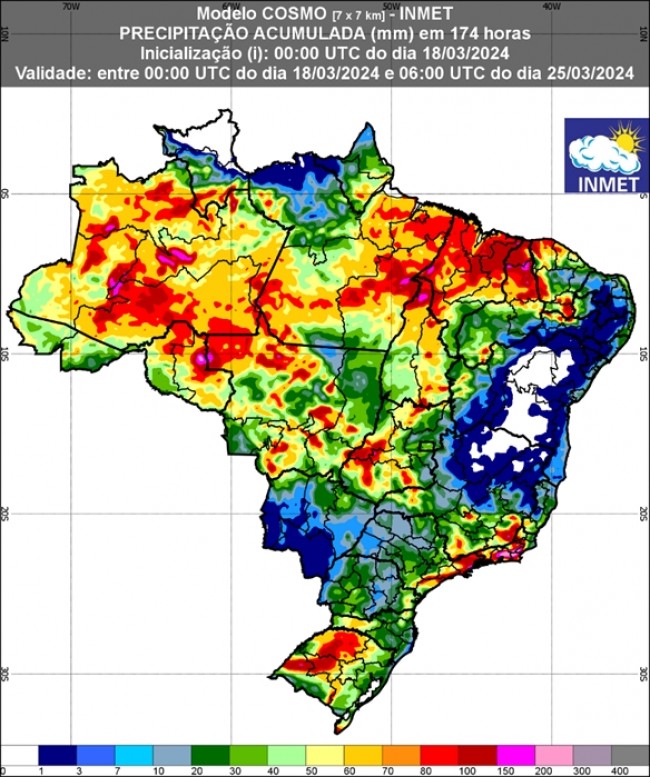 Figura 1: Previsão de chuva para 1ª semana (18 a 25/03/2024). Fonte: INMET.