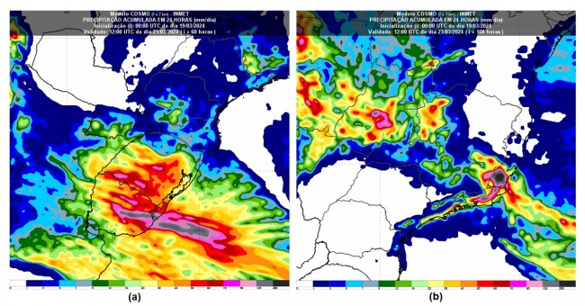 Figura 1: Previsão de chuva acumulada de acordo com o modelo Cosmo 7 km - (a) entre a manhã de quarta-feira (20) e manhã de quinta-feira (21) e (b) entre a manhã de sexta-feira (22) e manhã do sábado (23).