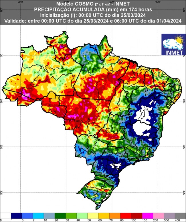 Figura 1: Previsão de chuva para a 1ª semana (25/03/2024 a 01/04/2024). Fonte: Inmet.