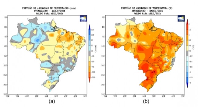 Figura 1: Previsão de anomalias de (a) precipitação e (b) temperatura média do ar do modelo climático do Inmet para o mês de abril de 2024.