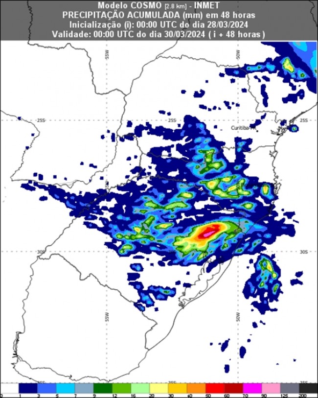 Figura 1: Mapa de chuva acumulada em 48h, até às 21h de sexta-feira (29, pelo modelo Cosmo 2,8 Km.