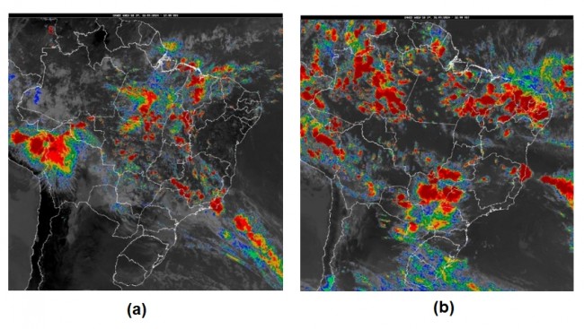 Figura 2: Imagem de satélite dos dias: (a) 31/03/2024 às 22UTC (19h do horário de Brasília) e (b) 22/03/2024 às 17 UTC (14h no horário de Brasília). Áreas em vermelho indicam regiões mais favoráveis para ocorrência de chuvas intensas.