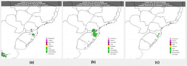 Figura 2: Indicativo de geada (adaptado do modelo Cosmo-Inmet 7Km) para (a) quinta-feira (18),(b) sexta-feira (19) e (c) sábado (20).