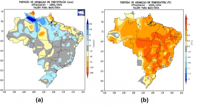 Figura 1: Previsão de anomalias de (a) precipitação (chuva) e (b) temperatura média do ar do modelo climático do INMET, para o mês de maio de 2024.