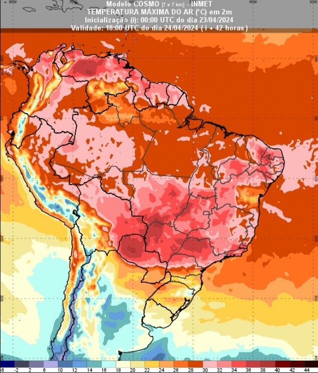 Figura 1: Mapa de temperaturas máximas previstas pelo modelo Cosmo para quarta-feira (24).