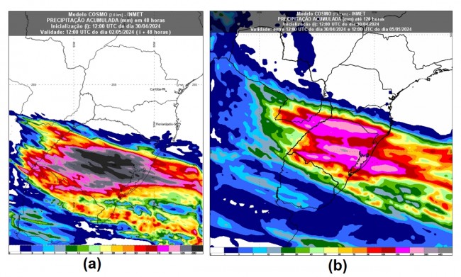 Figura 1: Precipitação (chuva), em milímetros (mm), acumulada em (a) 48h até as 9h de quinta-feira (2) pelo modelo Cosmo 2,8 km e (b) 120h até 9h de domingo (5) pelo modelo Cosmo 7 km.