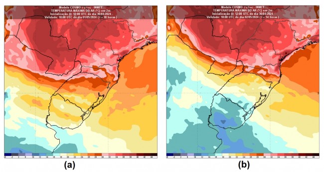 Figura 2: Temperaturas máximas (em °C ) previstas pelo modelo Cosmo-Inmet 7Km para (a) quarta-feira (1º) e (b) quinta-feira (2).