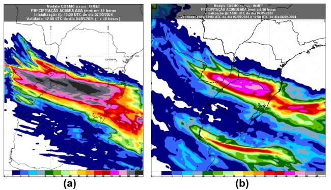 Figura 1: Precipitação (chuva), em milímetros (mm), acumulada em (a) 48h até as 9h de sábado (4) pelo modelo Cosmo 2,8 km e (b) 96h até 9h de 6 de maio pelo modelo Cosmo 7 km.