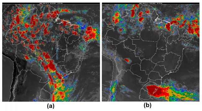 Figura 2: Imagem de satélite dos dias: (a) 16/04/2024 às 19:20 UTC (17h20min do horário de Brasília) e (b) 30/04/2024 às 04:20UTC (01:20h no horário de Brasília). Áreas em vermelho indicam regiões mais favoráveis para ocorrência de chuvas intensas.