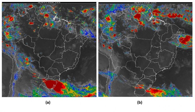 Figura 2: Imagem de satélite dos dias: (a) 02/05/2024 às 3UTC (00h do horário de Brasília) e (b) 07/05/2024 às 06:30 UTC (3h30min no horário de Brasília). Áreas em vermelho indicam regiões mais favoráveis para ocorrência de chuvas intensas.