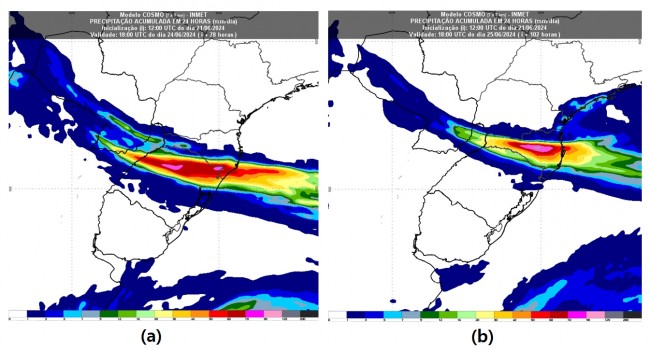 Figura 1: Precipitação em milímetros, acumulada em 24h (a) das 15h (horário de Brasília) de domingo (23) às 15h de segunda (24) e (b) das 15h (horário de Brasília) de terça-feira (25) às 15h de quarta-feira (26), pelo modelo Cosmo 7km Inmet.