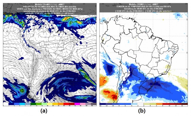 Figura 1: Precipitação (chuva), em milímetros (mm) e pressão atmosférica pelo modelo Cosmo 7 km entre a sexta-feira (28) e o sábado (29): (a) às 9h (horário de Brasília) de sábado (29) e (b) a tendência da temperatura em 1.500m.