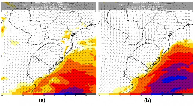 Figura 3: Rajadas de vento previstas pelo modelo Cosmo 7km: (a) às 15h (horário de Brasília) da sexta-feira (28) e (b) às 15h do sábado (29).